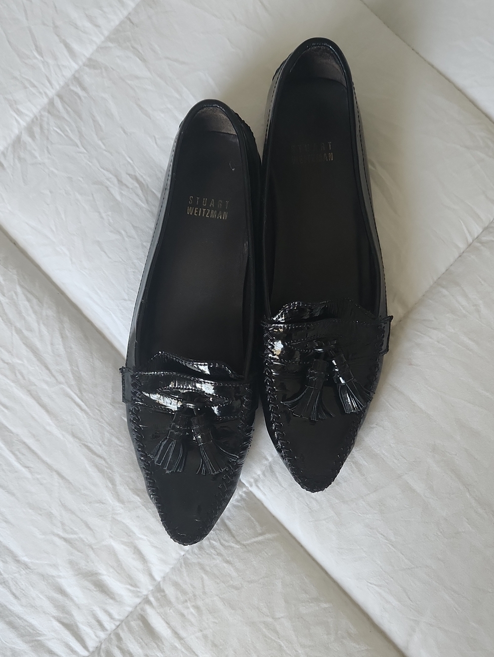 Stuart Weitzman Black Patent Tassel Pointed Loafers